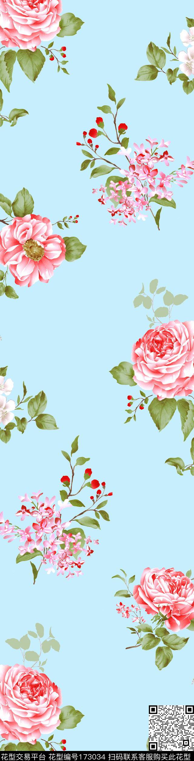 花卉 - 173034 - 蓝底 小花 花 - 传统印花花型 － 床品花型设计 － 瓦栏