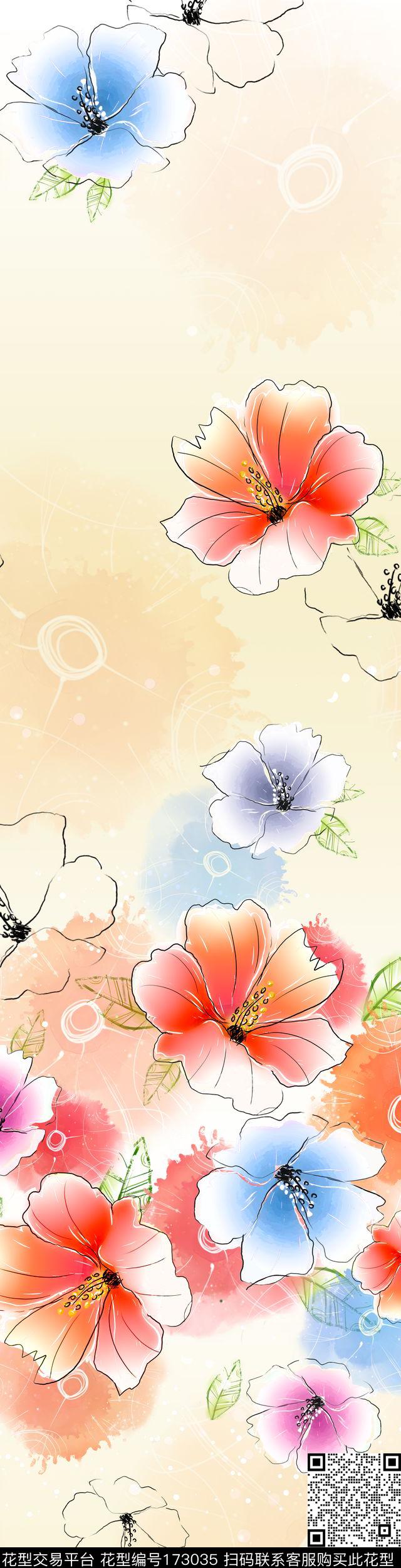 写意水彩花 - 173035 - 定位花 水彩 淡雅 - 传统印花花型 － 床品花型设计 － 瓦栏