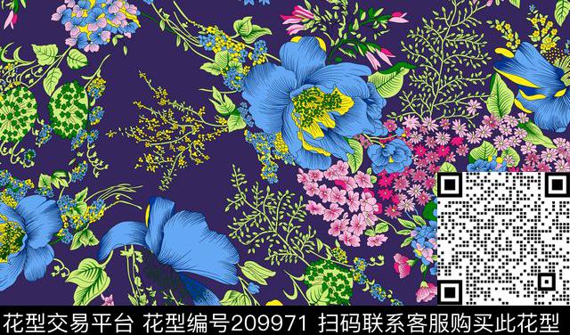花卉 - 209971 - 花卉 缠枝花卉 植物 - 数码印花花型 － 女装花型设计 － 瓦栏
