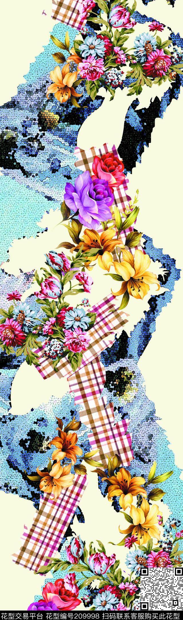 碎块拼接 格子 手绘花朵 - 209998 - 田园 格子 提花 - 数码印花花型 － 长巾花型设计 － 瓦栏