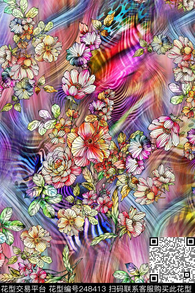 数码动物毛纹理大花朵 - 248413 - 数码 动物 毛纹理 大花朵 线条 几何 花卉 - 数码印花花型 － 女装花型设计 － 瓦栏
