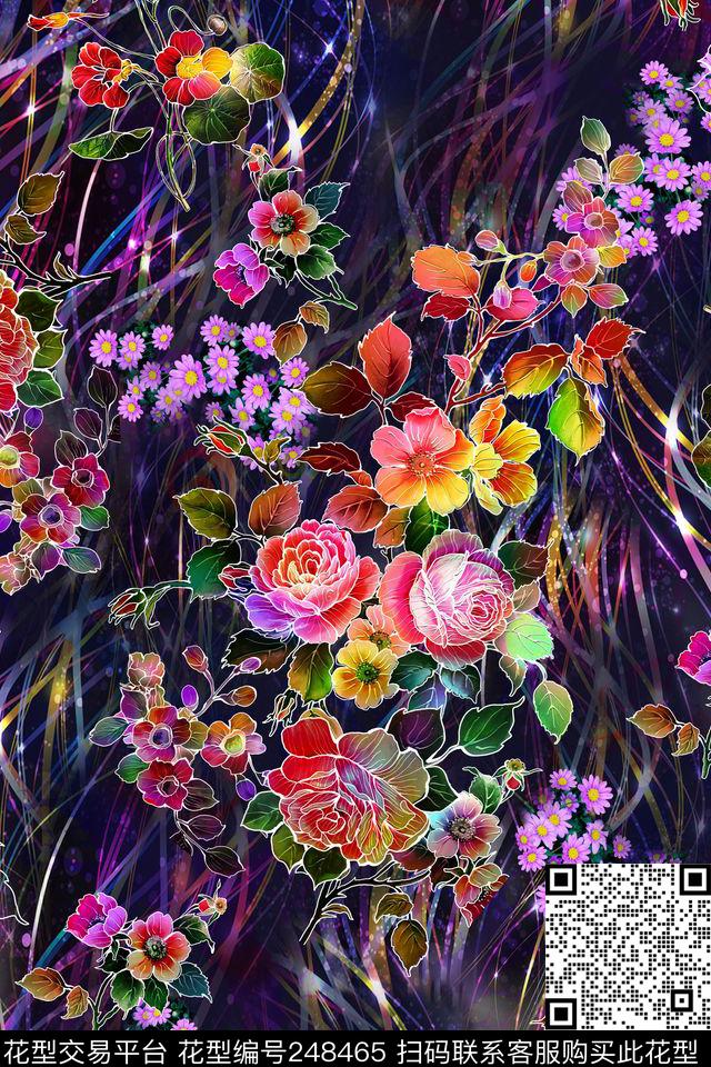 数码多彩底纹流行线条花朵 - 248465 - 数码 多彩 低温 流行 线条 花朵 花卉 立体 层次 - 数码印花花型 － 女装花型设计 － 瓦栏