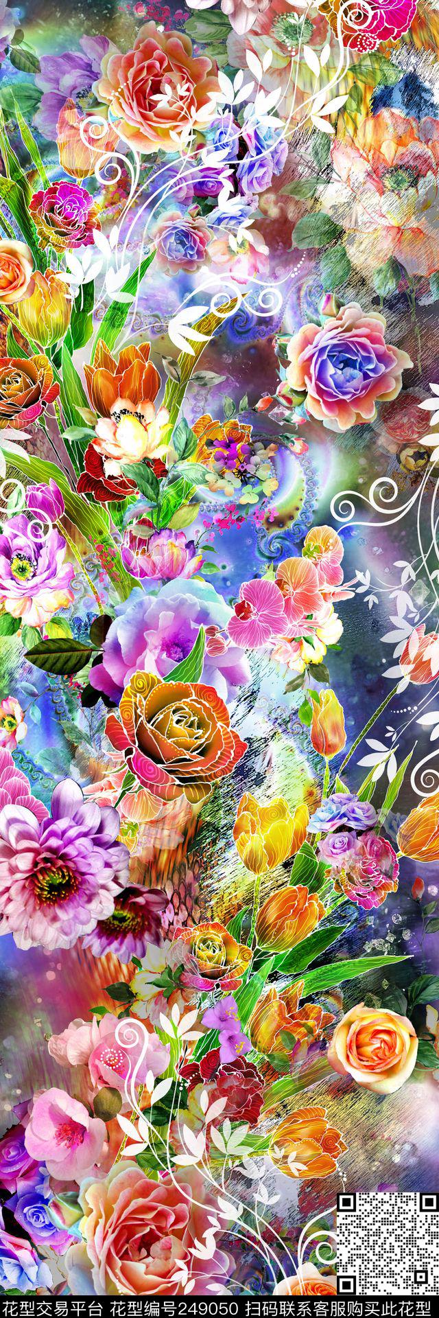 数码多彩镂空线条花朵大牡丹花朵 - 249050 - 数码 多彩 镂空 线条 花朵 大牡丹 花卉 服装 - 数码印花花型 － 女装花型设计 － 瓦栏
