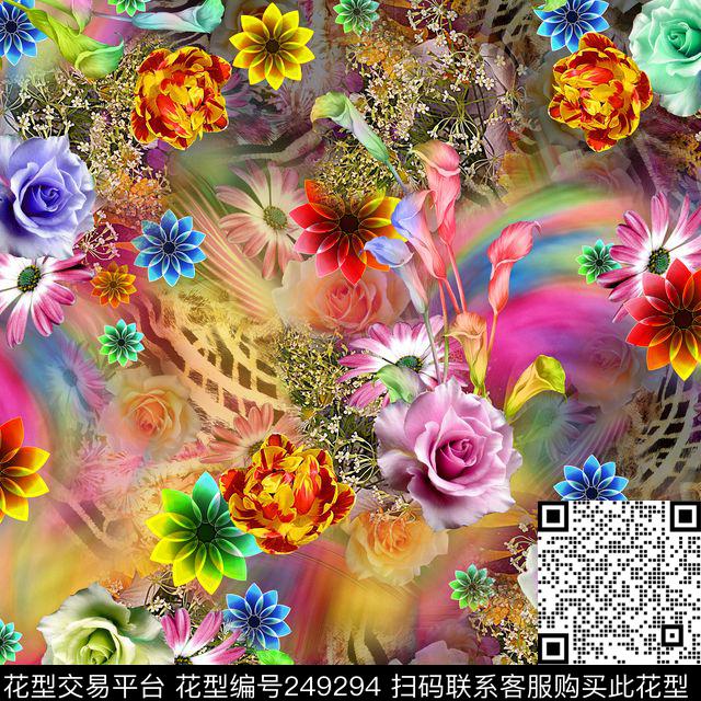 数码时尚流行多彩底纹大花朵 - 249294 - 数码 时尚 流行 多彩 底纹 大花朵 花卉 拼贴 立体 - 数码印花花型 － 女装花型设计 － 瓦栏