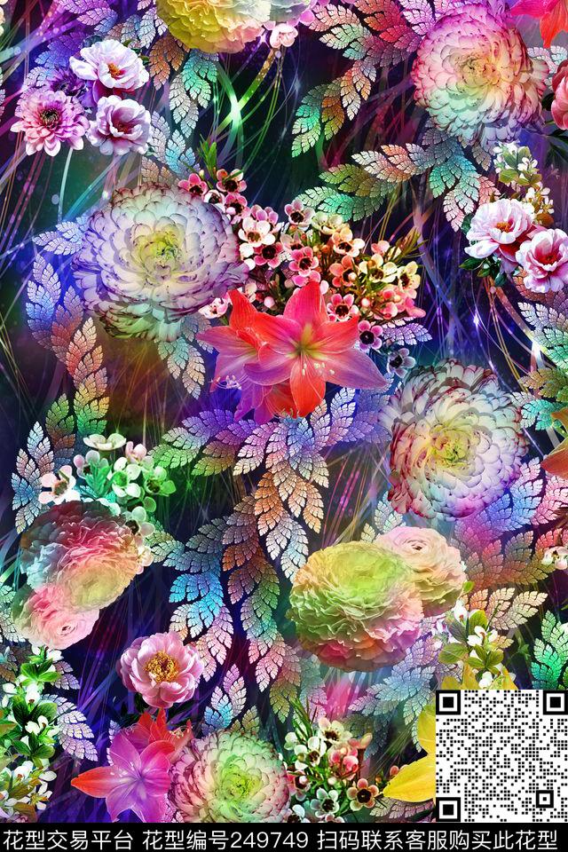 数码服装花彩色条底纹多彩树叶大花朵百合花 - 249749 - 花卉 叠加 梦幻 - 数码印花花型 － 女装花型设计 － 瓦栏
