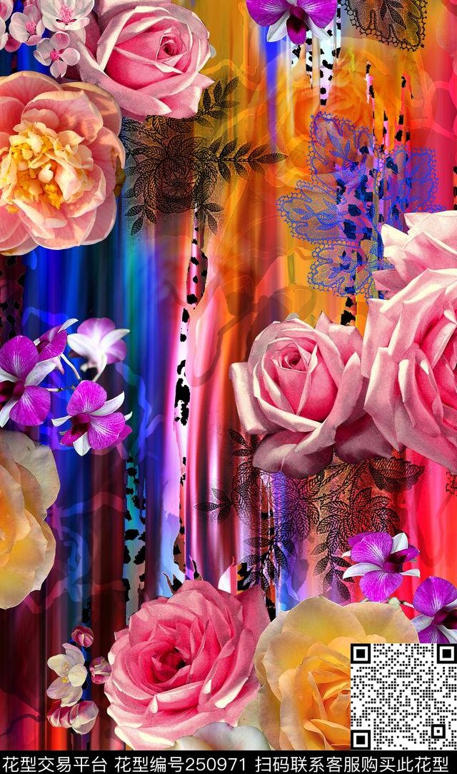 梦幻数码玫瑰花组 - 250971 - 花卉 玫瑰 动物纹 豹纹 动物纹 花卉 - 数码印花花型 － 女装花型设计 － 瓦栏