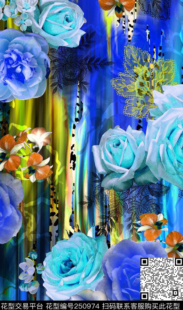 梦幻数码玫瑰花组 - 250974 -  - 数码印花花型 － 女装花型设计 － 瓦栏