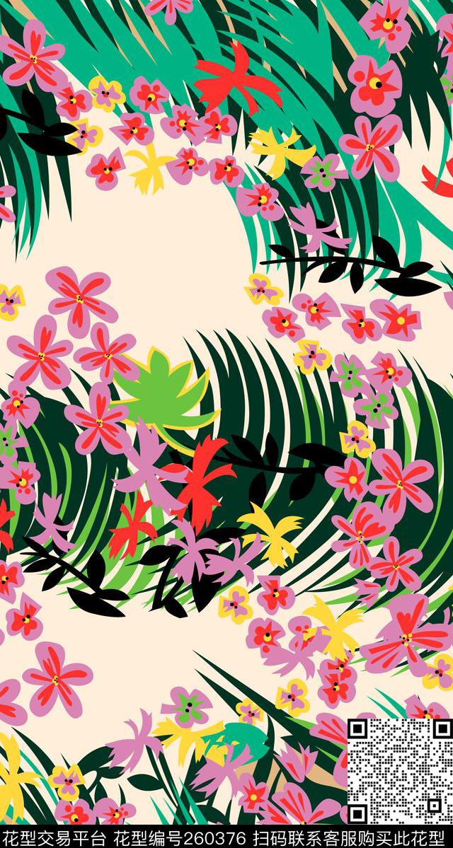 时装绿叶红花 - 260376 - 花卉 热带风情 植物 - 传统印花花型 － 女装花型设计 － 瓦栏