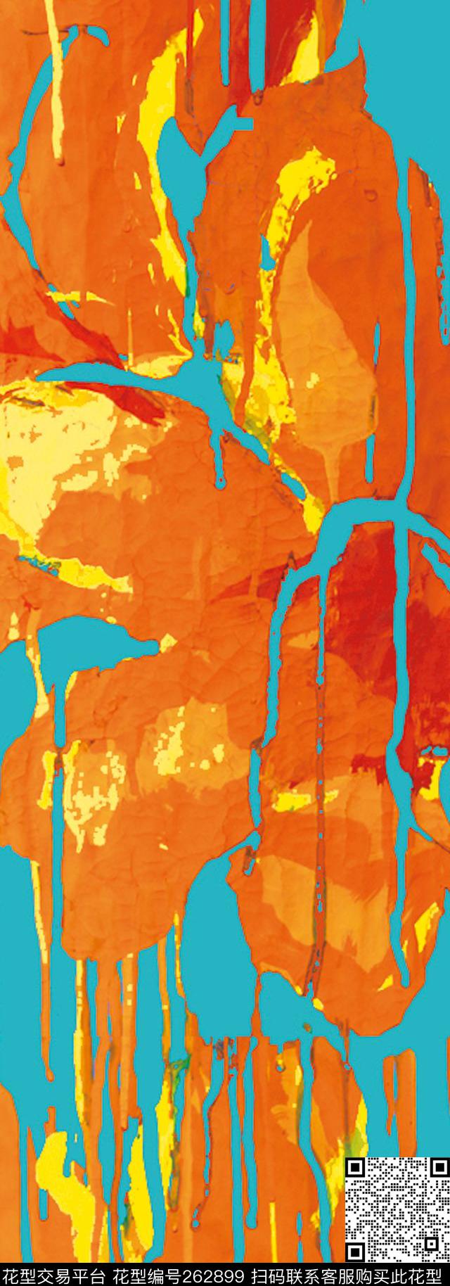 橙蓝撞色兰花手绘长巾 - 262899 -  - 传统印花花型 － 长巾花型设计 － 瓦栏