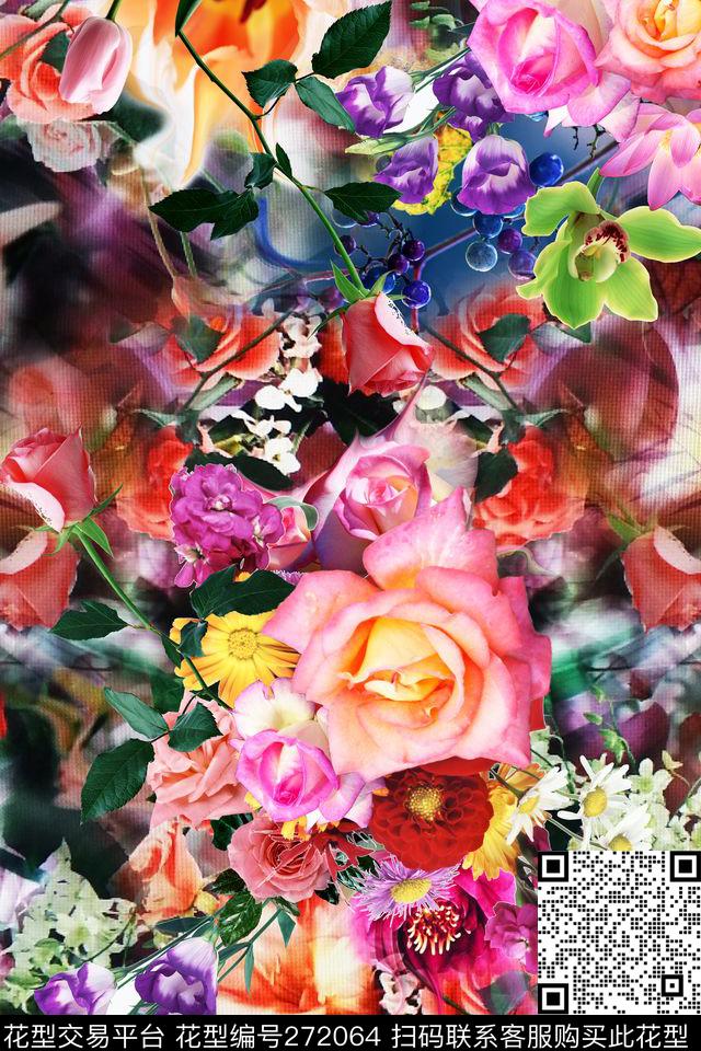 PJ11033 - 272064 - 花卉 满底 植物 - 数码印花花型 － 女装花型设计 － 瓦栏