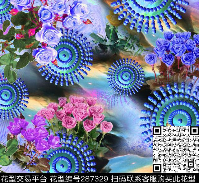 qyf045 - 287329 - 几何圆点 花卉 炫彩 - 数码印花花型 － 女装花型设计 － 瓦栏