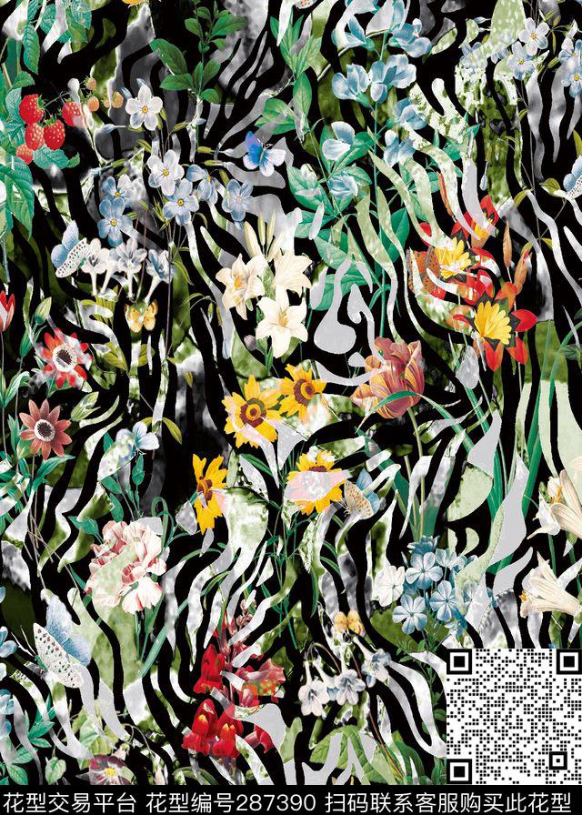 丛林花卉斑马纹复古花卉 - 287390 - 手绘水彩 花卉 豹纹 - 数码印花花型 － 女装花型设计 － 瓦栏