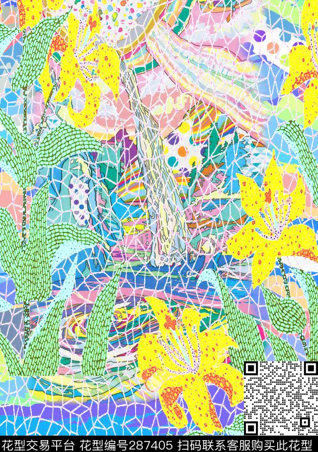 图形04 - 287405 - 手绘水彩 花卉 抽象 - 数码印花花型 － 其他花型设计 － 瓦栏