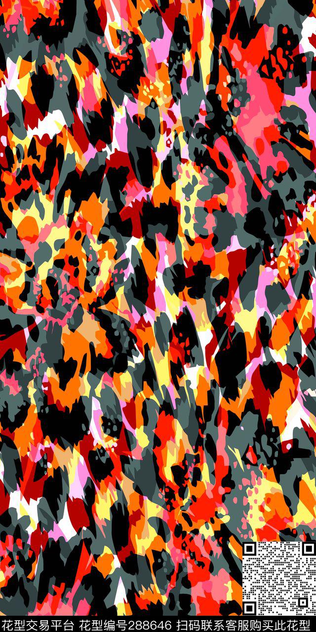 炫动花型 - 288646 - 豹纹 手绘水彩 抽象 - 数码印花花型 － 女装花型设计 － 瓦栏