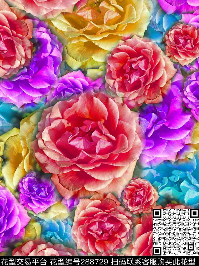 多彩大花卉花朵组合 - 288729 - 手绘水彩 花卉 炫彩 - 数码印花花型 － 女装花型设计 － 瓦栏