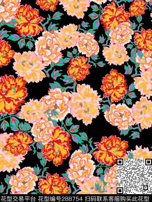 黑底花卉花朵组合 - 288754 - 手绘水彩 花卉 牡丹 - 数码印花花型 － 女装花型设计 － 瓦栏