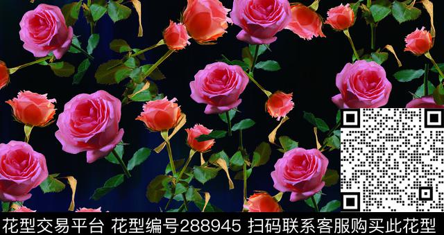 玫瑰花卉中国风 - 288945 - 花卉 玫瑰 唯美 - 数码印花花型 － 女装花型设计 － 瓦栏