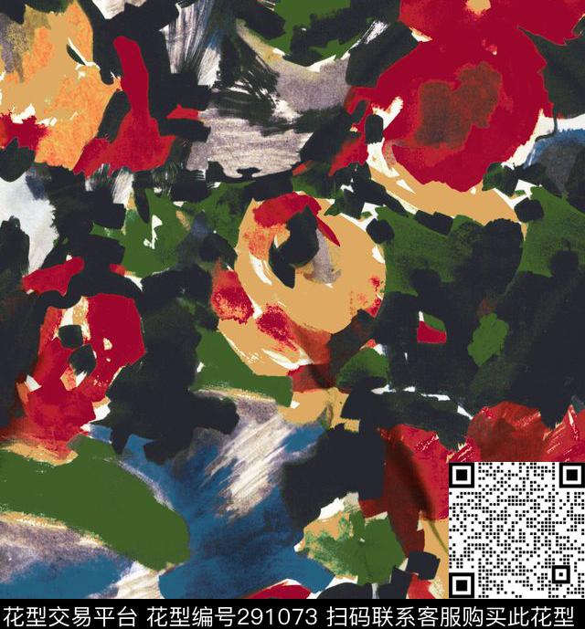 水墨风大花-1 - 291073 - 手绘水彩 花卉 水墨 - 数码印花花型 － 女装花型设计 － 瓦栏