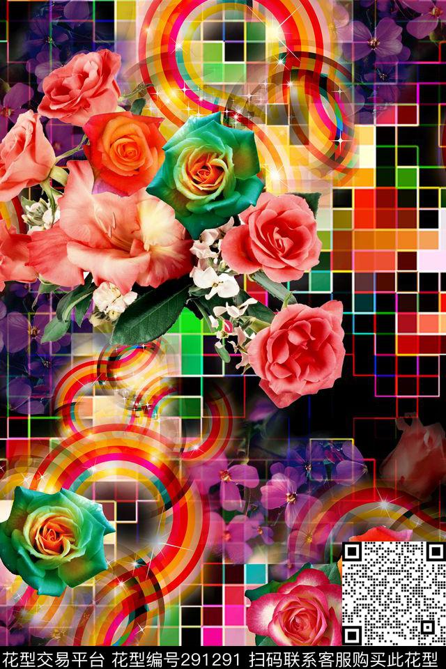 wj113 - 291291 - 几何方格 花卉 炫彩 - 数码印花花型 － 女装花型设计 － 瓦栏