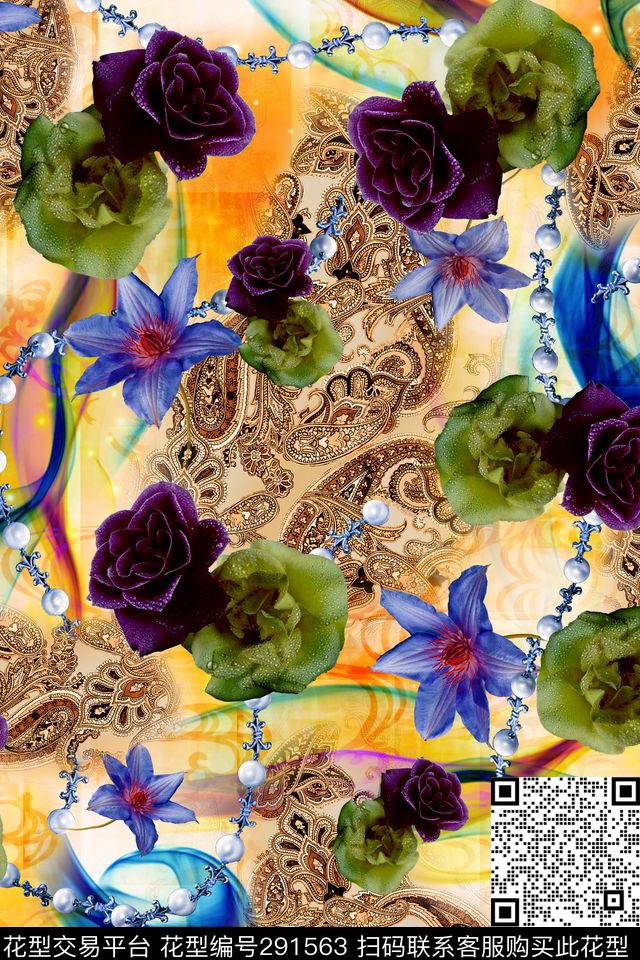 wyc-92 - 291563 - 佩斯利涡旋纹 花卉 炫彩 - 数码印花花型 － 女装花型设计 － 瓦栏