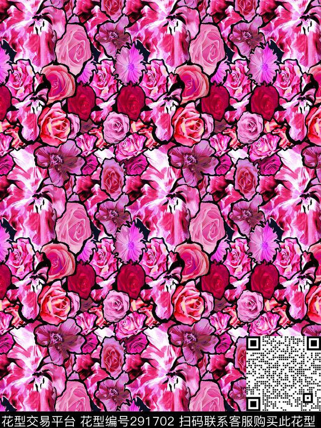 sqq201312-15 - 291702 - 花卉 玫瑰 堆叠 - 数码印花花型 － 女装花型设计 － 瓦栏
