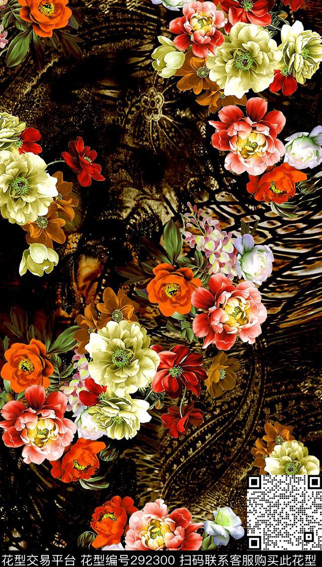 铁锈肌理花 - 292300 - 油画花卉 多彩 复古 - 数码印花花型 － 女装花型设计 － 瓦栏