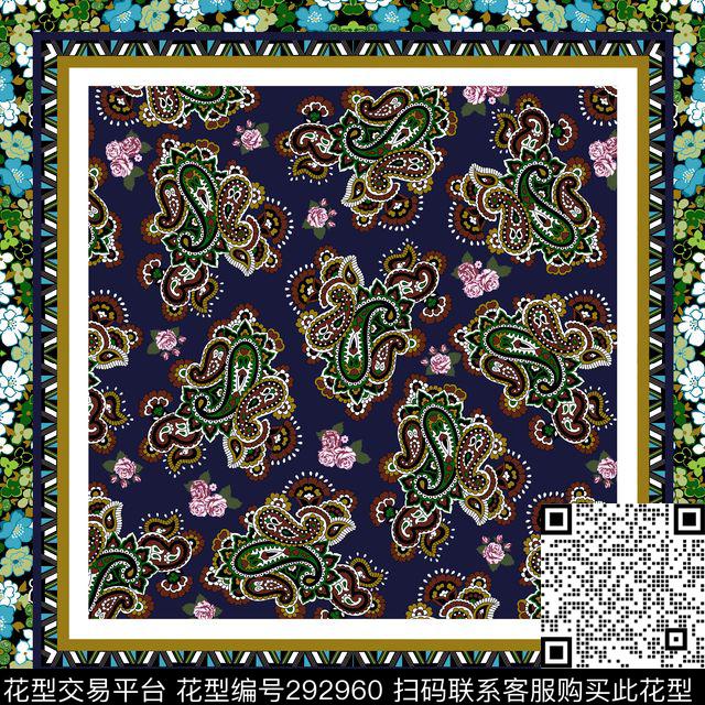 佩斯利田园风围巾 - 292960 - 佩斯利涡旋纹 复古 相框 - 传统印花花型 － 方巾花型设计 － 瓦栏
