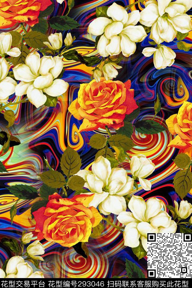 油画风格抽象漩涡底纹手绘花卉 - 293046 - 油画花卉 涡旋纹 抽象 - 数码印花花型 － 女装花型设计 － 瓦栏