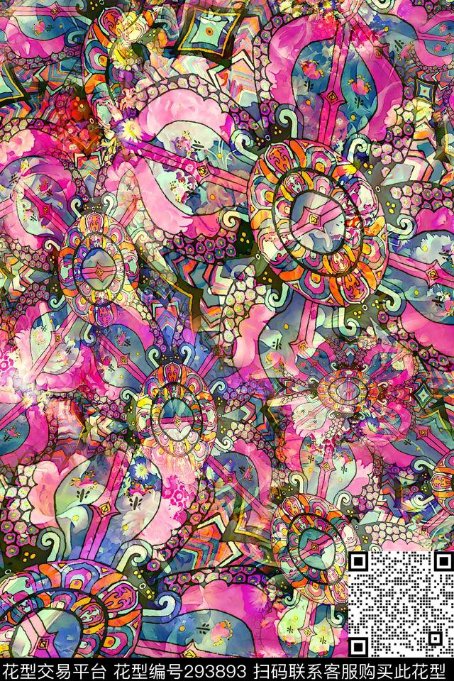 多彩民族风花卉组合 - 293893 - 抽象线条 涂鸦 民族风 - 数码印花花型 － 女装花型设计 － 瓦栏