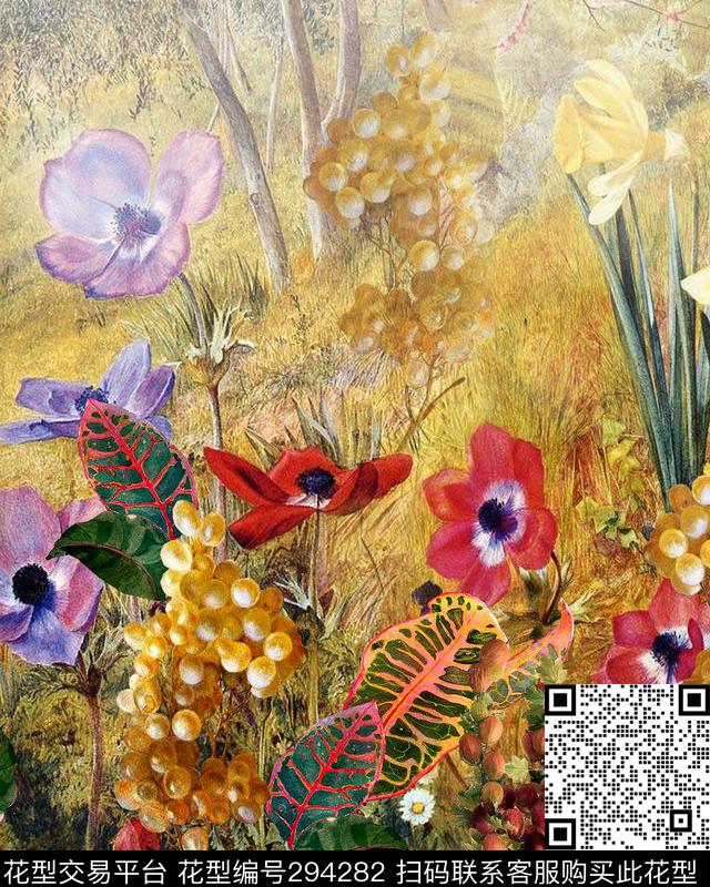 xy221-6单 - 294282 - 油画花卉 复古 多彩 - 数码印花花型 － 女装花型设计 － 瓦栏