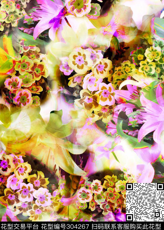 多彩花卉花朵组合 - 304267 - 多彩花卉 炫彩 光感 - 数码印花花型 － 女装花型设计 － 瓦栏