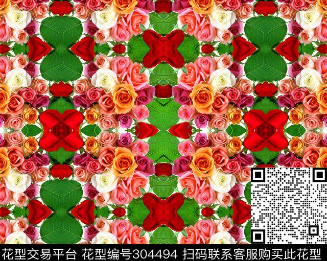 花卉格子数码印花 - 304494 - 几何图形 平铺 对称 - 数码印花花型 － 女装花型设计 － 瓦栏