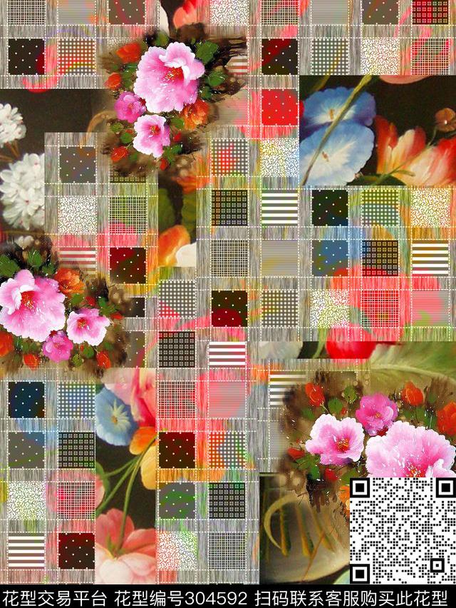 格子花卉数码印花春夏 - 304592 - 几何格纹 油画花卉 复古 - 数码印花花型 － 女装花型设计 － 瓦栏