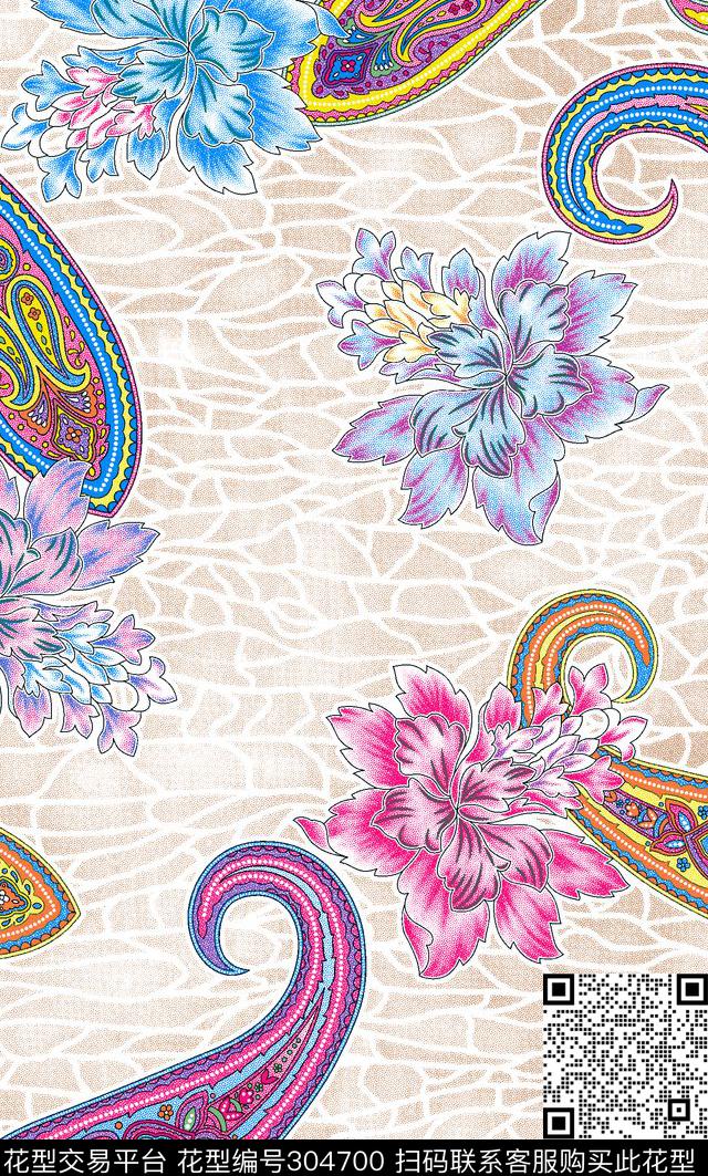 腰果花、佩斯利花纹 - 304700 - 佩斯利涡旋纹 手绘水彩 多彩 - 数码印花花型 － 女装花型设计 － 瓦栏
