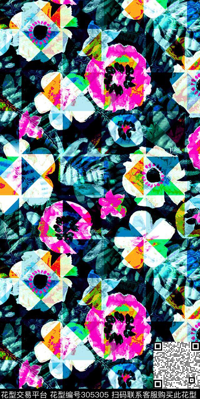 数码花卉格子叠影 - 305305 - 花卉 格子 - 数码印花花型 － 女装花型设计 － 瓦栏