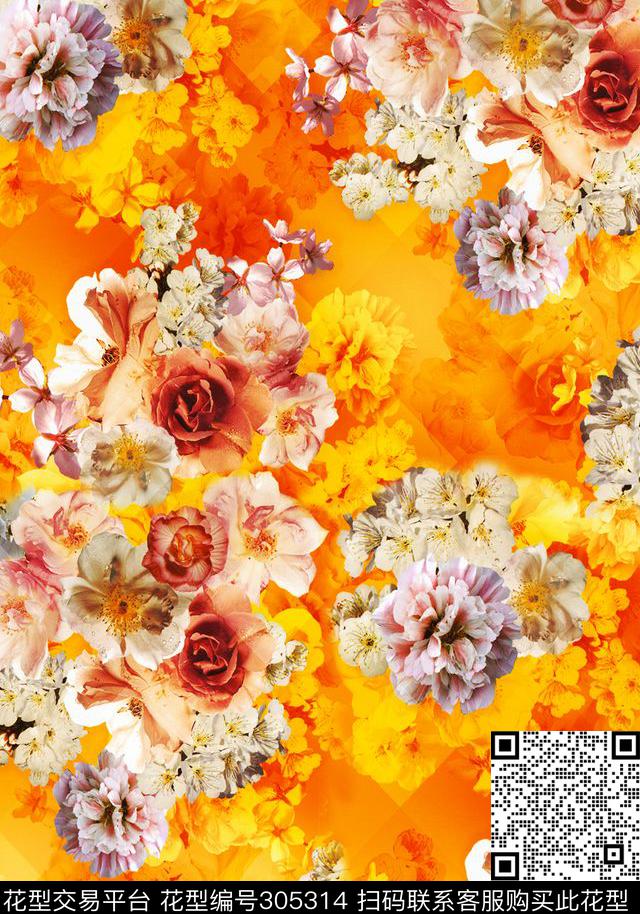 梦幻格子花卉叠影 - 305314 - 花卉 - 数码印花花型 － 女装花型设计 － 瓦栏