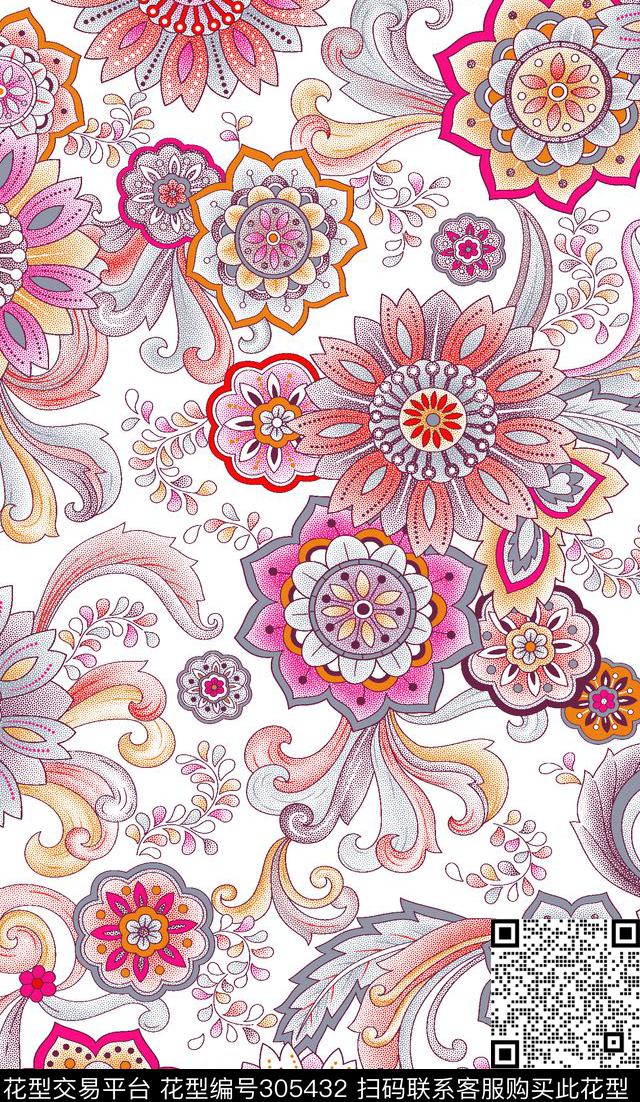 大红花 - 305432 - 细致描花 古典花纹 复古 - 传统印花花型 － 女装花型设计 － 瓦栏