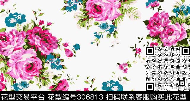 牡丹花 - 306813 - 水彩花卉 牡丹 多彩 - 传统印花花型 － 女装花型设计 － 瓦栏