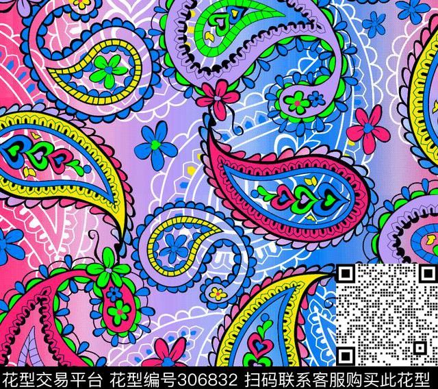 腰果花、佩利斯花纹 - 306832 - 佩斯利涡旋纹 撞色 艺术剪影 - 传统印花花型 － 女装花型设计 － 瓦栏