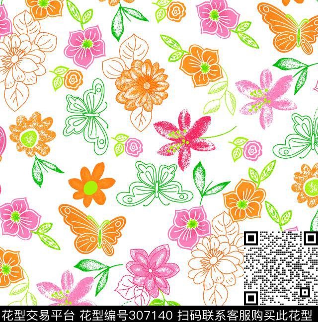 蝴蝶与花朵 - 307140 - 手绘水彩花卉 清新 唯美 - 传统印花花型 － 女装花型设计 － 瓦栏