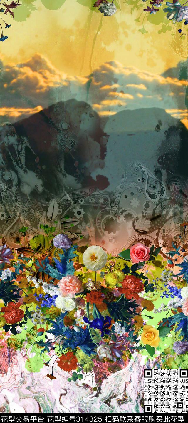 定位多彩花卉风景抽象组合 - 314325 - 风景 定位 - 数码印花花型 － 女装花型设计 － 瓦栏