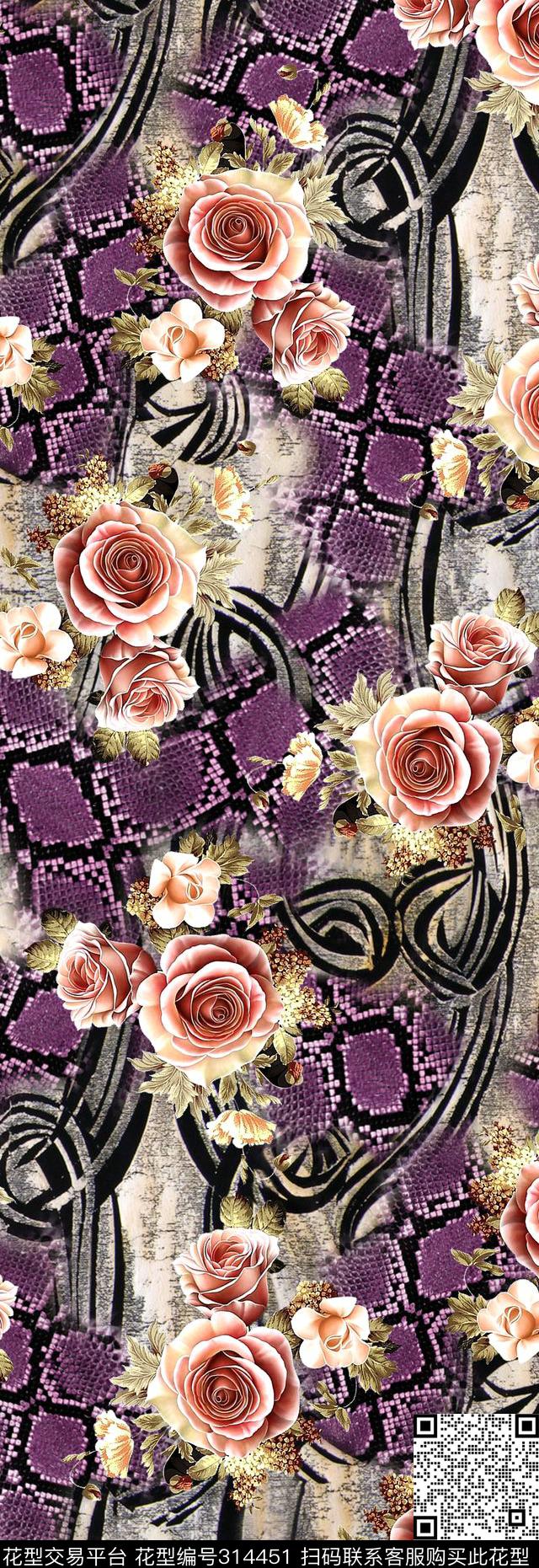 花卉蛇皮纹.tif - 314451 -  - 数码印花花型 － 床品花型设计 － 瓦栏