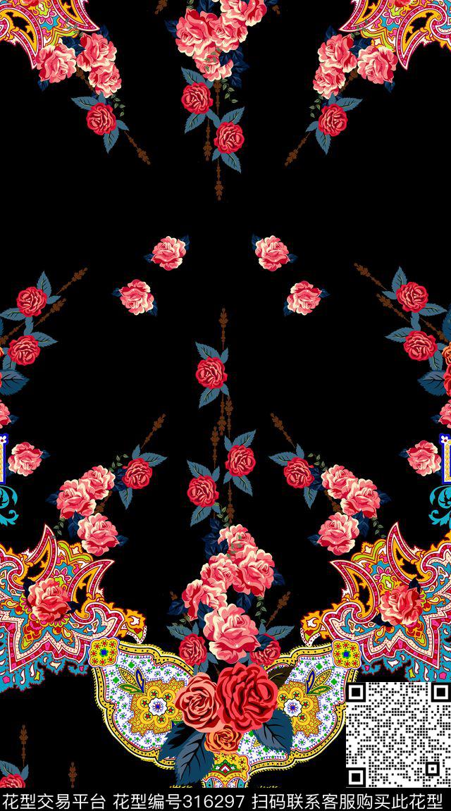 佩斯利火腿纹腰果民族风玫瑰花对称定位花型 - 316297 - 佩斯利 火腿纹 花卉 - 数码印花花型 － 女装花型设计 － 瓦栏