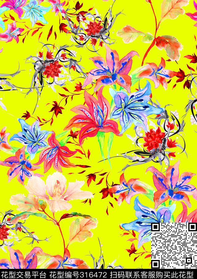 水彩花卉 - 316472 -  - 数码印花花型 － 女装花型设计 － 瓦栏
