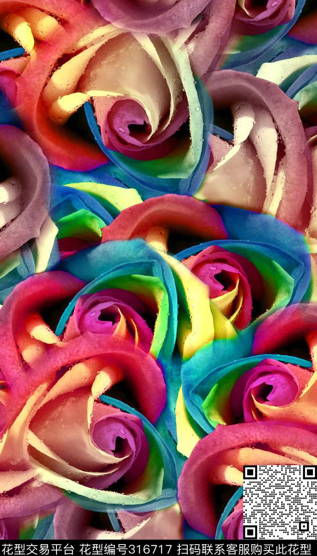 彩色玫瑰 - 316717 - 花卉 - 数码印花花型 － 女装花型设计 － 瓦栏