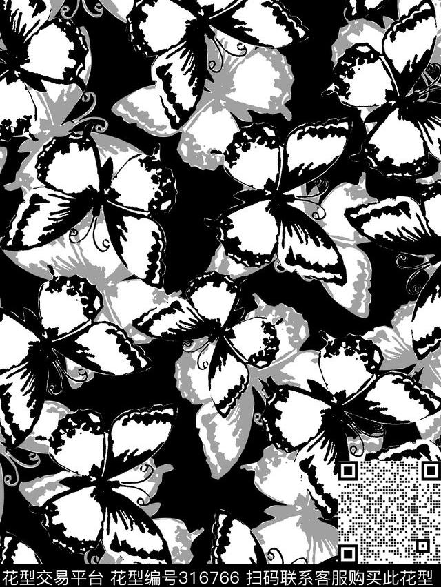 蝴蝶 - 316766 - 传统★动物图案 - 传统印花花型 － 女装花型设计 － 瓦栏