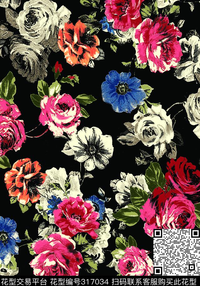花卉 (7).tif - 317034 - 水墨风 花卉 - 传统印花花型 － 女装花型设计 － 瓦栏