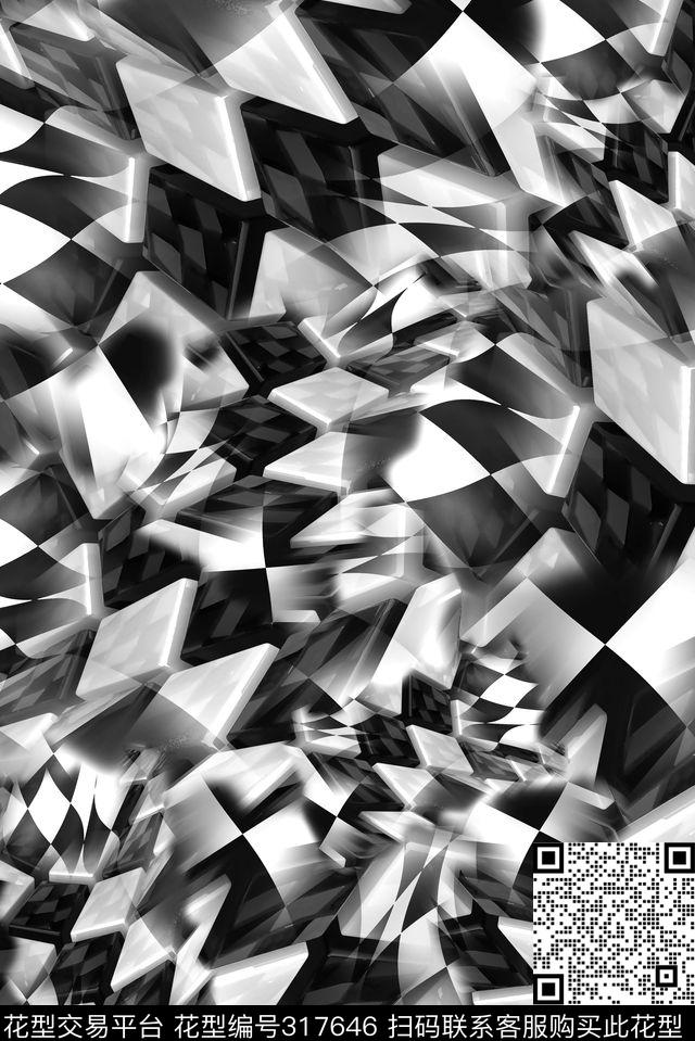 抽象黑白立体效果 - 317646 - 数码★抽象图案 - 数码印花花型 － 女装花型设计 － 瓦栏