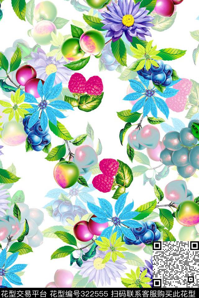 小清新热带风情水果手绘鲜花 - 322555 - 花卉 水果 热带花型 - 数码印花花型 － 女装花型设计 － 瓦栏