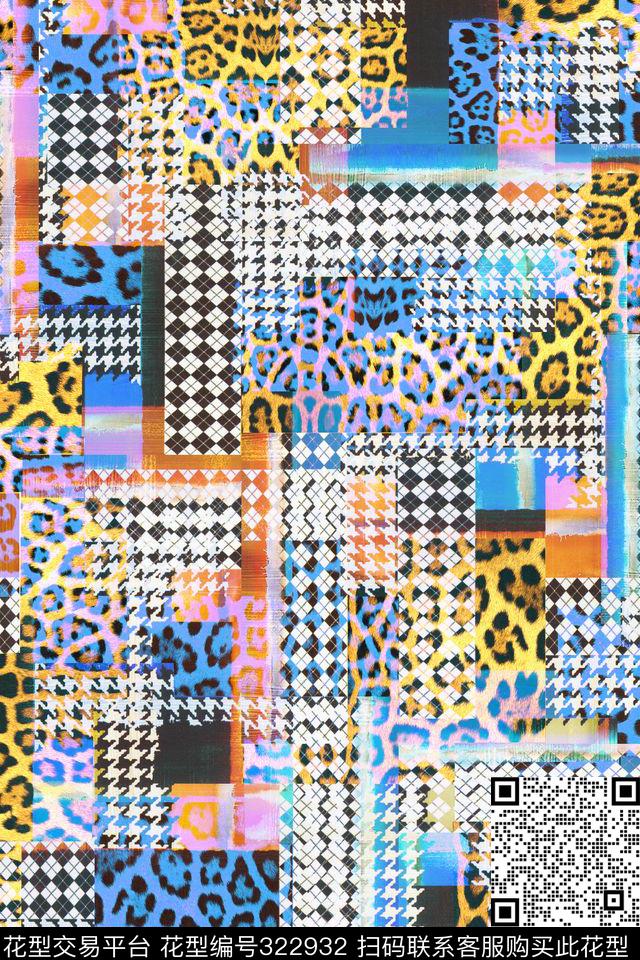 豹纹几何格子千鸟格 - 322932 - 动物纹 格子几何 - 数码印花花型 － 女装花型设计 － 瓦栏